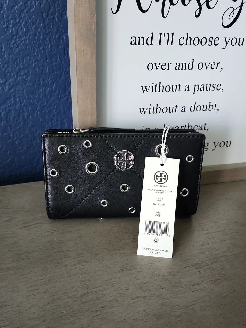 Tory Burch Black Leather Grommet Wallet with Silver Hardware